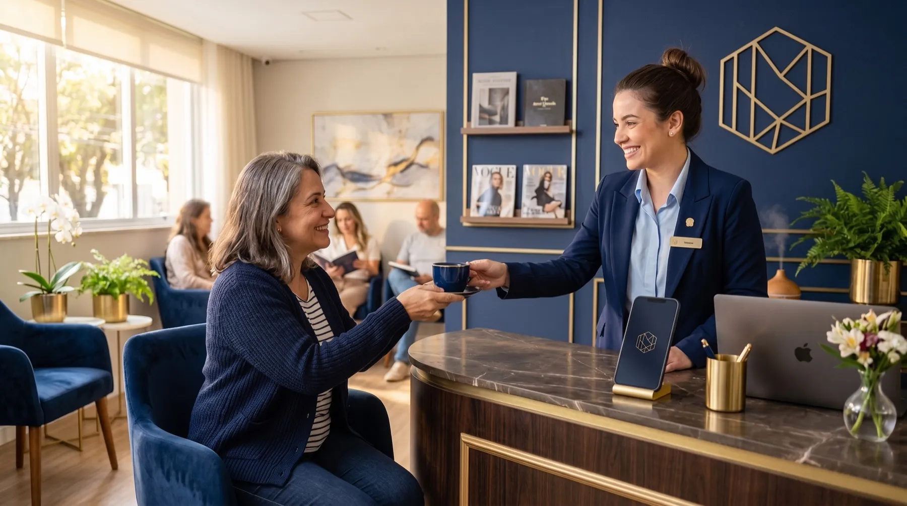 Secretária sorridente entrega uma xícara de café a uma paciente na recepção da clínica
